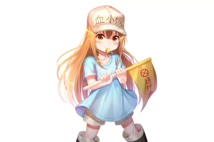 HD wallpaper of Platelet from the anime Cells at Work! showing the character holding a flag, wearing a cap, and a blue outfit.