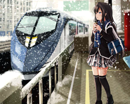 Anime character Yukino Yukinoshita with black hair and blue eyes, holding a coffee at a snowy train station. HD wallpaper from My Teen Romantic Comedy SNAFU.