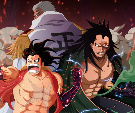 HD desktop wallpaper featuring Monkey D. Luffy, Monkey D. Garp, and Monkey D. Dragon from the anime One Piece, showcasing their powerful and determined expressions in a dynamic and intense scene.