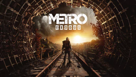 HD desktop wallpaper featuring 'Metro Exodus,' showcasing a character standing on train tracks within a tunnel, with a dramatic sunset and stormy sky in the background.