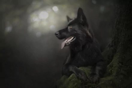 Black German Shepherd resting on a mossy log in a misty forest, high-resolution 2K Quad HD dog animal PC desktop wallpaper.
