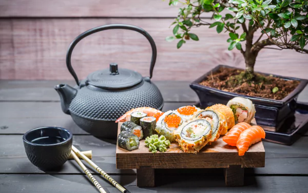 A 4K Ultra HD still life featuring sushi and seafood arranged on a wooden tray, accompanied by a black teapot, teacup, chopsticks, and a bonsai tree on a wooden surface.