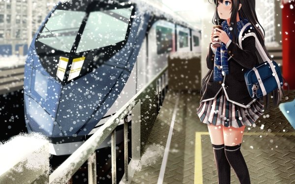 Anime Yahari Ore no Seishun Love Come wa Machigatteiru Yukino Yukinoshita Tren Café Invierno Snow Long Hair Black Hair Blue Eyes Fondo de pantalla HD | Fondo de Escritorio