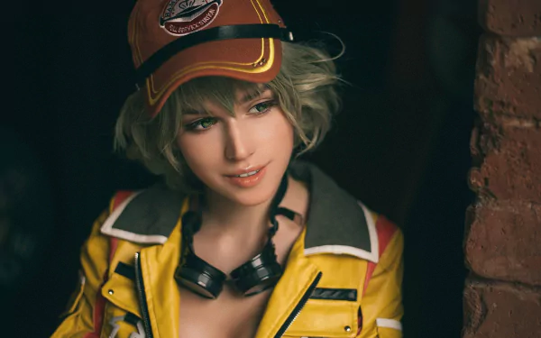 Cindy from Final Fantasy showcases her vibrant cosplay in this HD wallpaper, featuring her signature yellow outfit and cap, with a friendly smile and headphones.
