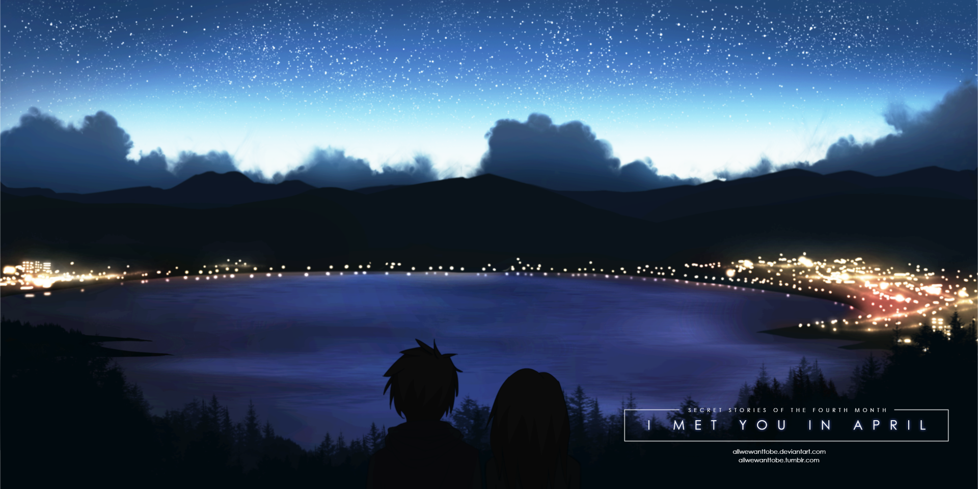 Anime HD desktop wallpaper featuring a serene lakeside city at night, with two silhouetted characters gazing at a sky filled with stars and clouds. Text reads I met you in April.