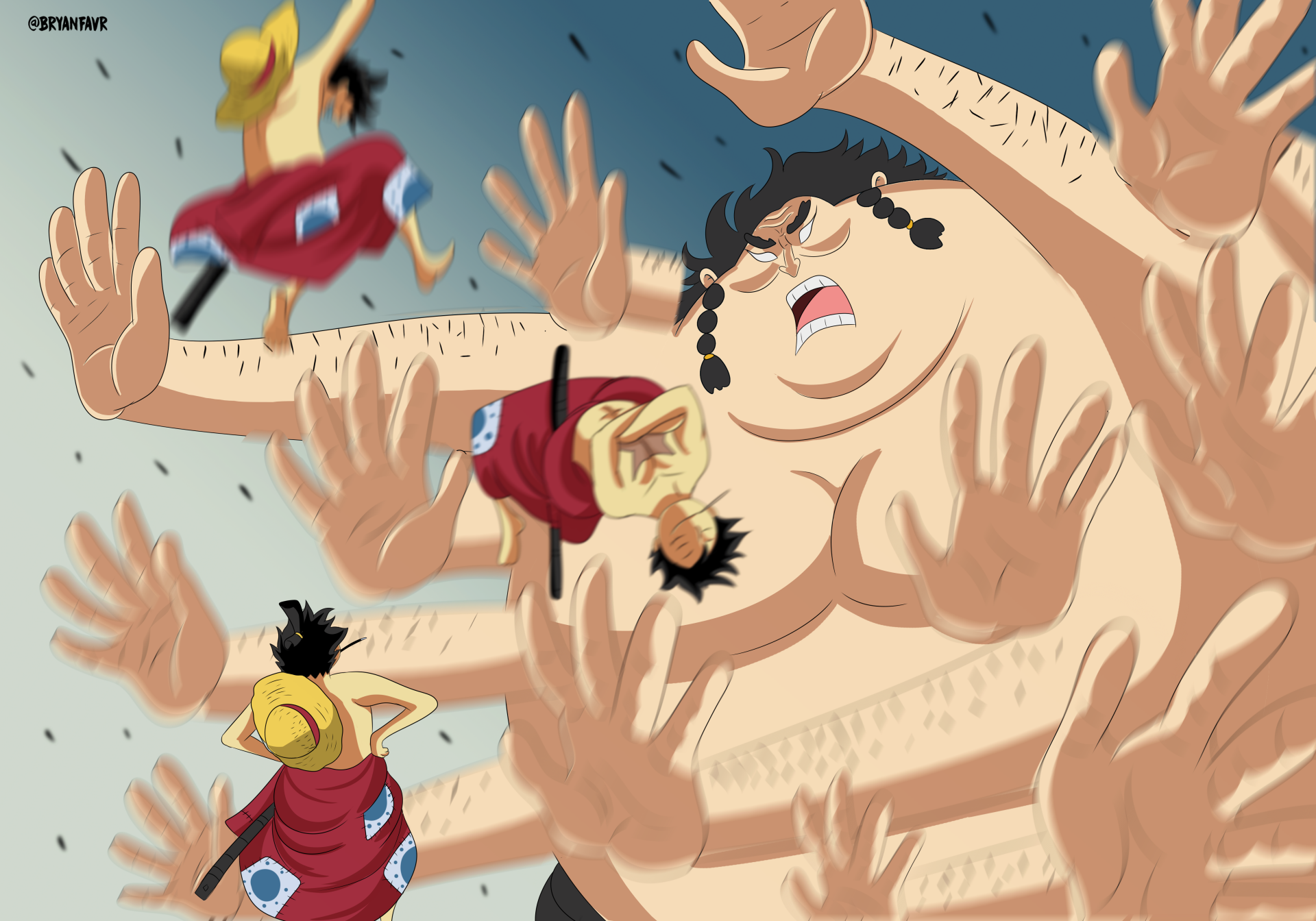 4K Ultra HD One Piece PC wallpaper: Monkey D. Luffy stretched into many hands as he battles the giant Urashima in dynamic anime action.