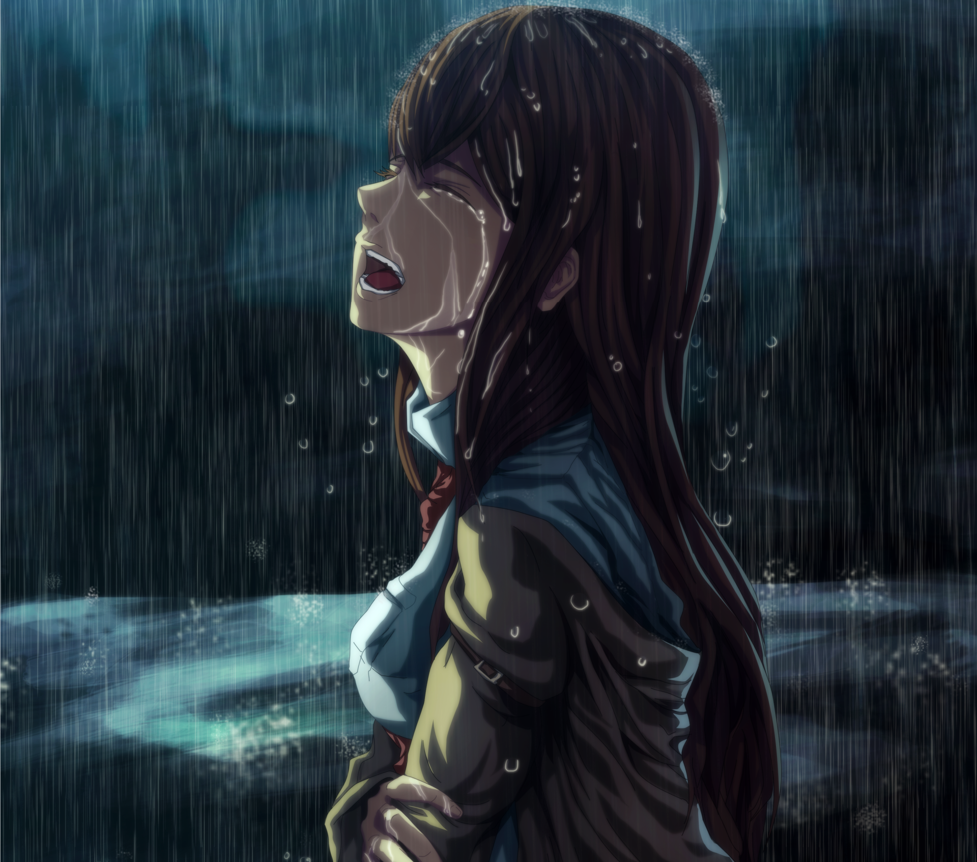 HD PC desktop wallpaper featuring Kurisu Makise from the anime Steins;Gate, depicted standing in the rain with a somber and emotional expression.