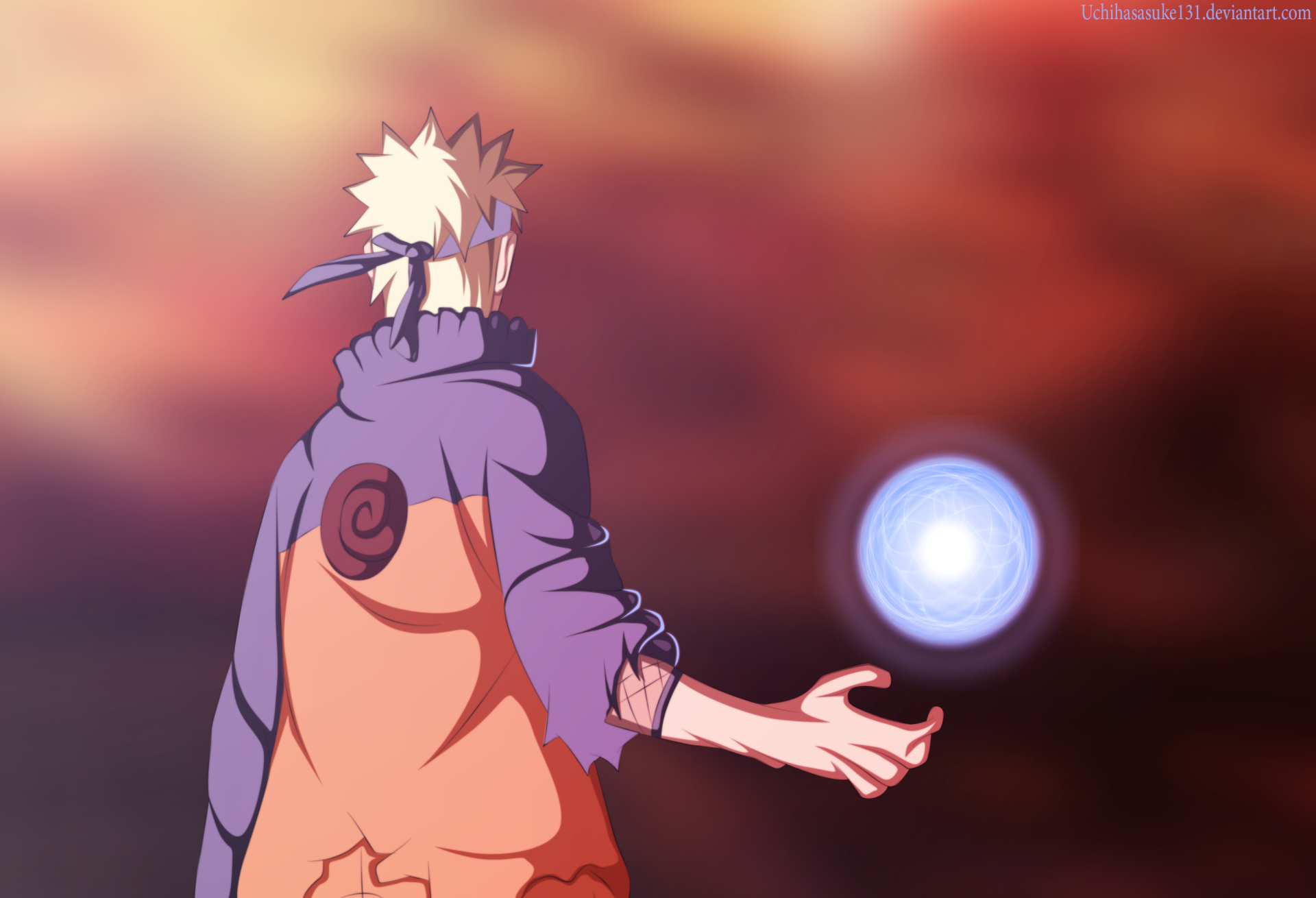 HD PC desktop wallpaper featuring Naruto Uzumaki from the anime Naruto, depicted from behind as he summons a glowing blue energy orb against a vibrant, fiery sky background.