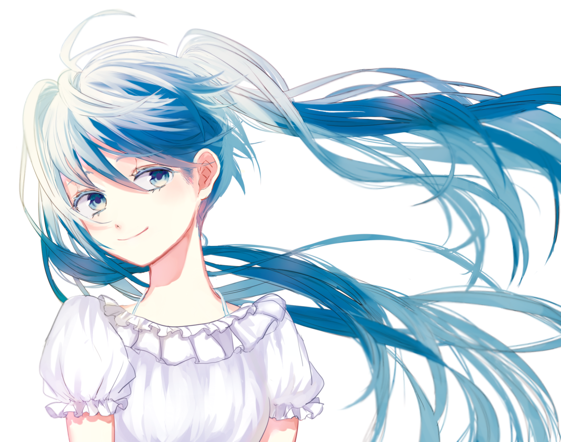 Hatsune Miku (Vocaloid) anime HD PC desktop wallpaper: smiling girl with long teal twin-tail hair flowing across a white background.