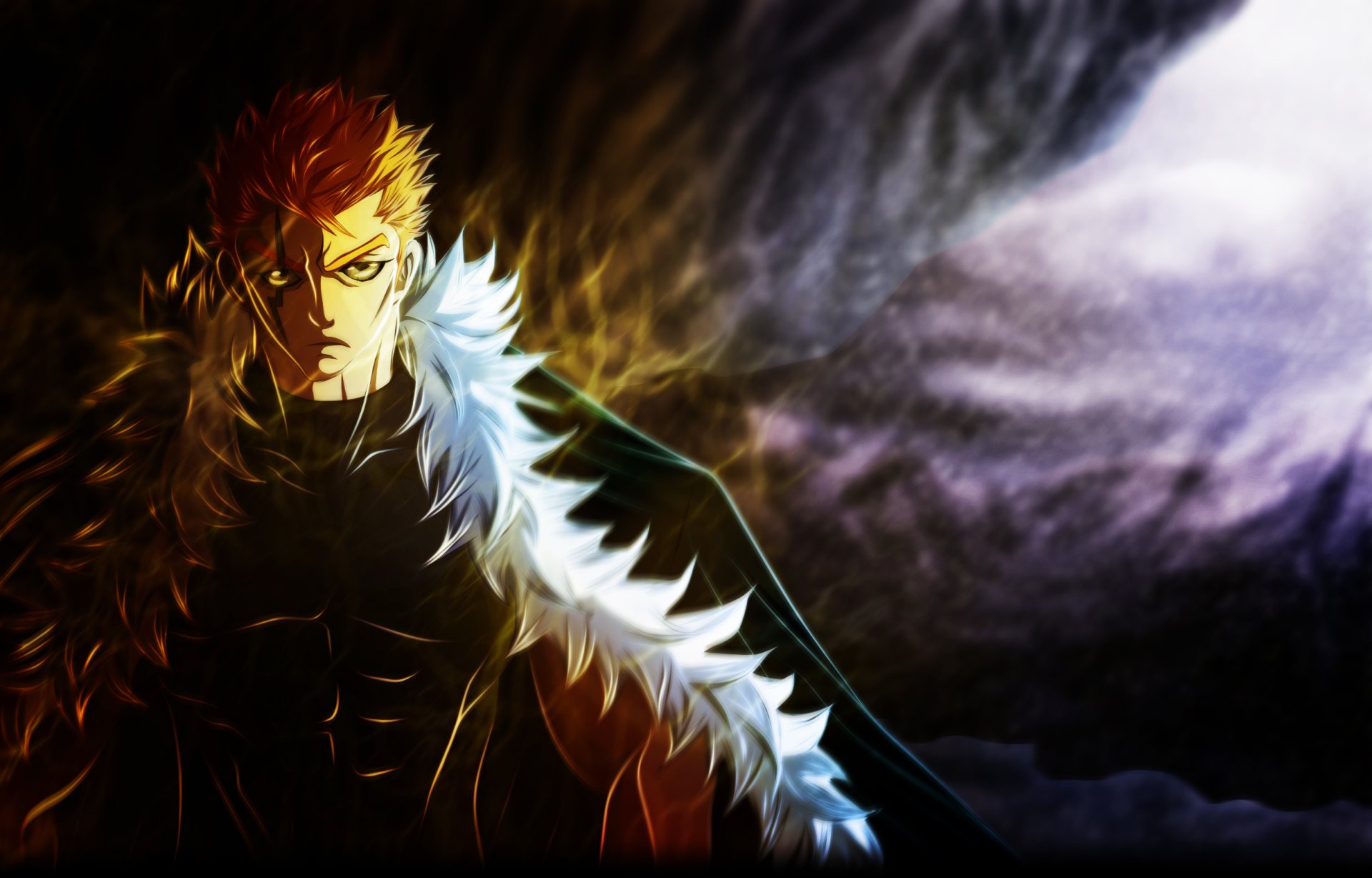 HD PC wallpaper of Laxus Dreyar from Fairy Tail: brooding anime portrait with electrified aura, fur-collared cloak, stormy purple-black sky background.