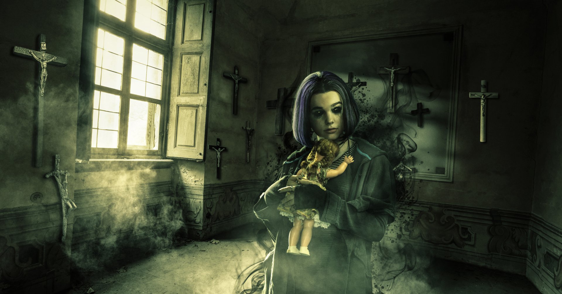 Raven (DC Comics) from the Titans TV show, hooded and glowing, holding a doll in a cross-lined, smoky room — 2K Quad HD PC desktop wallpaper/background.