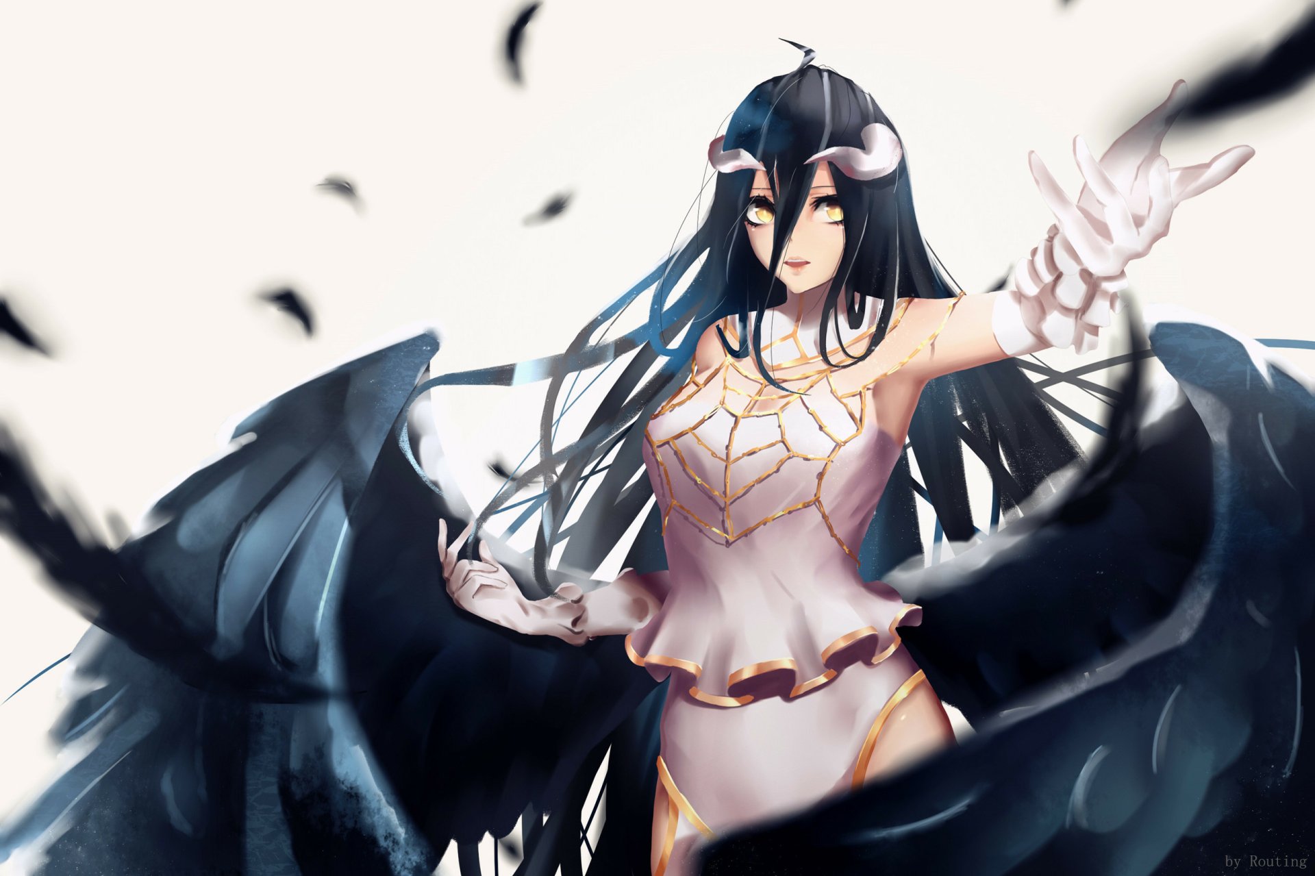 HD desktop wallpaper featuring Albedo from the anime Overlord with black wings, flowing black hair, and a serene expression amidst a background of falling feathers.