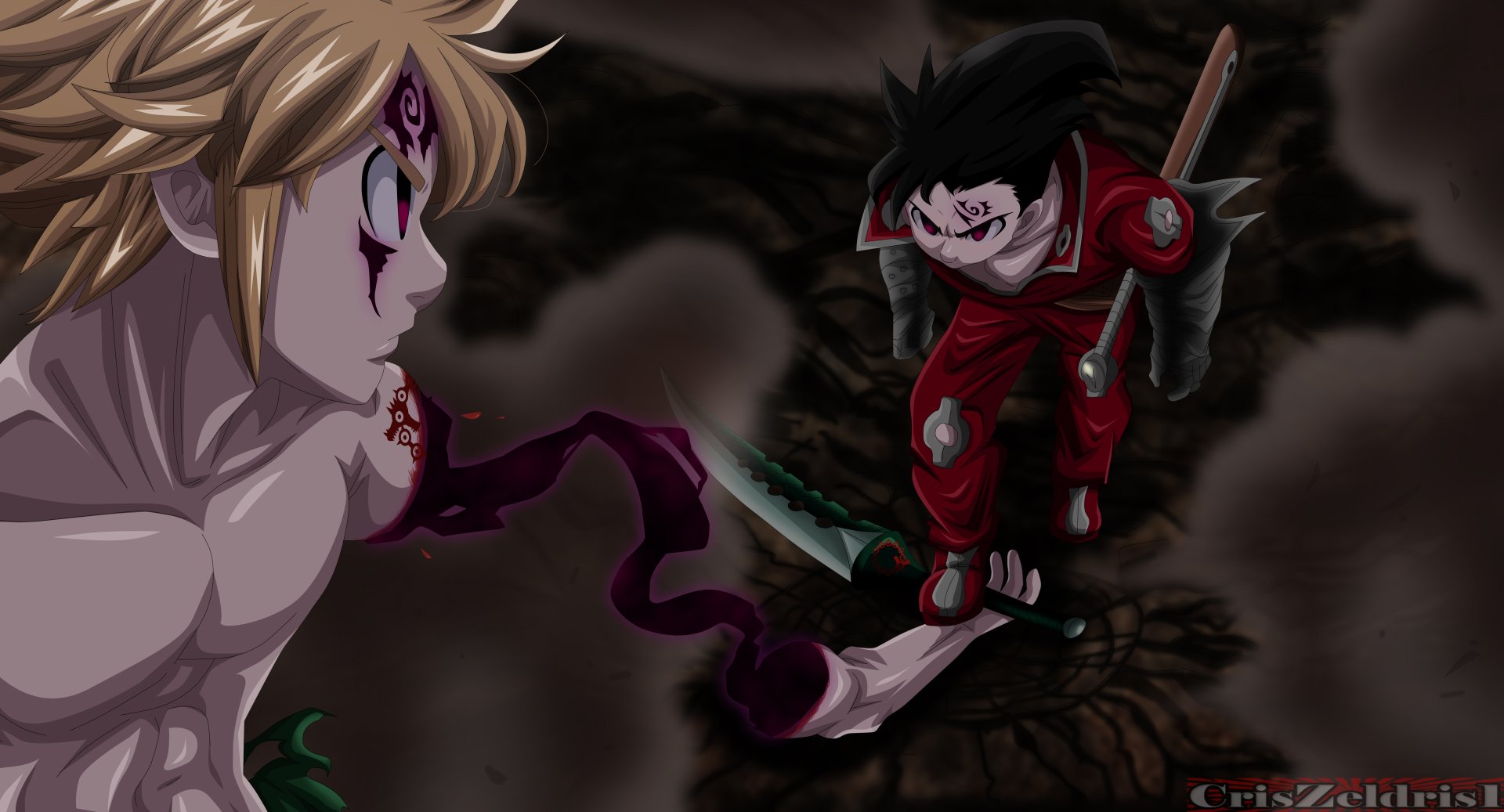 HD desktop wallpaper featuring Meliodas and Zeldris from The Seven Deadly Sins anime. Meliodas is on the left, facing Zeldris, who stands with a weapon in hand. The background is dark and intense.