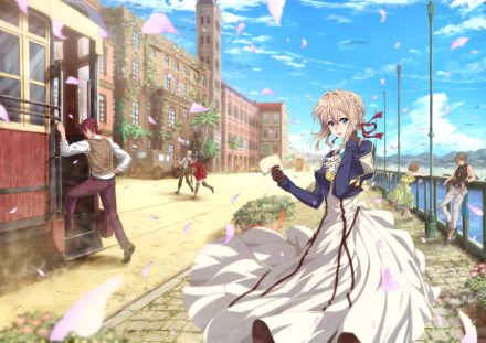 HD anime desktop wallpaper featuring Violet Evergarden in a flowing dress on a sunlit cobblestone street by the water, surrounded by lively background characters.