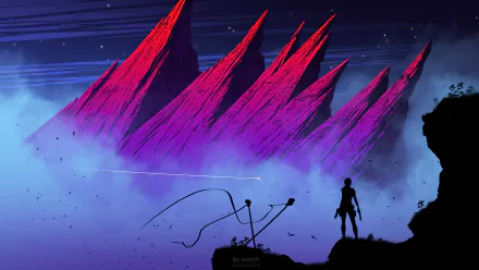 A fantasy HD desktop wallpaper featuring a dramatic landscape with jagged, glowing red peaks and a silhouetted figure standing on a cliff, gazing at the surreal scene.