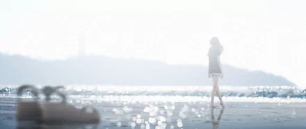 Anime-style original HD desktop wallpaper depicting a solitary figure standing in shallow, shimmering water with a blurred, serene background.