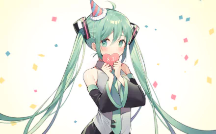 HD desktop wallpaper featuring Hatsune Miku, an anime-style Vocaloid character, wearing a party hat and holding a heart-shaped object, with confetti in the background.