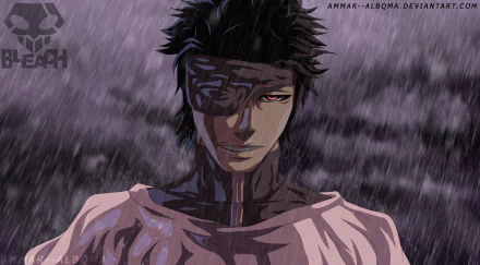 HD PC desktop wallpaper featuring Sōsuke Aizen from the anime Bleach, depicted with a dark, intense expression amid a rainy, moody background.