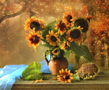 HD still life photography of vibrant yellow sunflowers in a pitcher vase, set against a warm fall backdrop, featured as a PC desktop wallpaper and background.