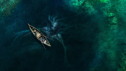 A dark, fantasy-themed HD wallpaper featuring a small boat on the water with a looming sea monster beneath the surface, captured in a dramatic and eerie atmosphere.