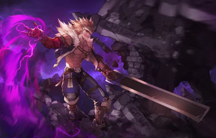 A blonde fantasy warrior wields a massive sword and conjures purple magic amid a crumbling, dark battleground in this HD PC desktop wallpaper.