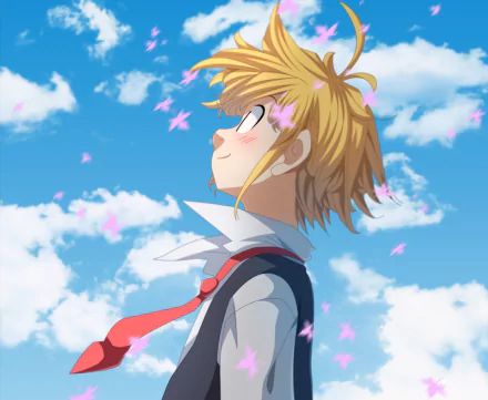 HD anime desktop wallpaper featuring Meliodas from The Seven Deadly Sins looking up at a bright blue sky with pink petals floating around.