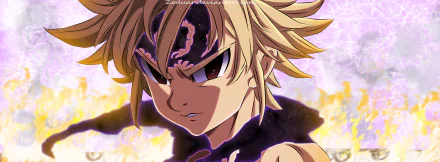 HD PC desktop wallpaper featuring Meliodas from the anime The Seven Deadly Sins, showcasing his intense expression and dark energy aura.