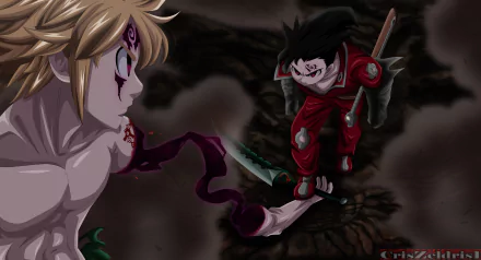 HD desktop wallpaper featuring Meliodas and Zeldris from The Seven Deadly Sins anime. Meliodas is on the left, facing Zeldris, who stands with a weapon in hand. The background is dark and intense.