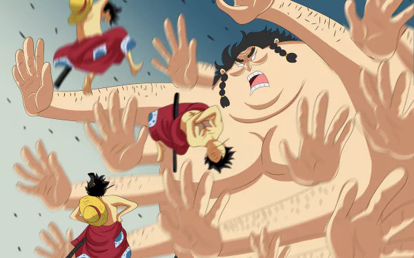 4K Ultra HD One Piece PC wallpaper: Monkey D. Luffy stretched into many hands as he battles the giant Urashima in dynamic anime action.