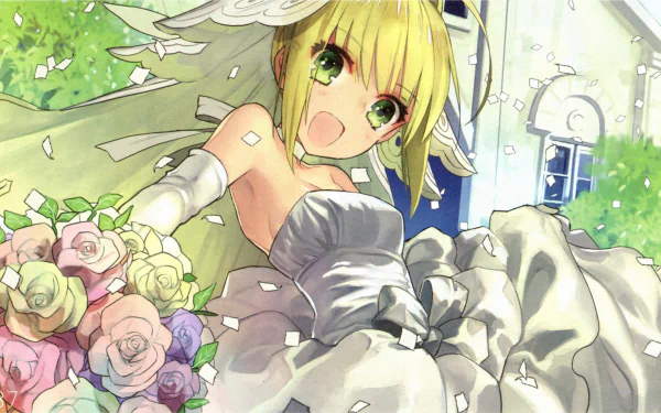 Nero Claudius from Fate/Extra CCC in a vibrant anime style, dressed in a flowing white gown, holding a bouquet of roses, set against a bright outdoor background.