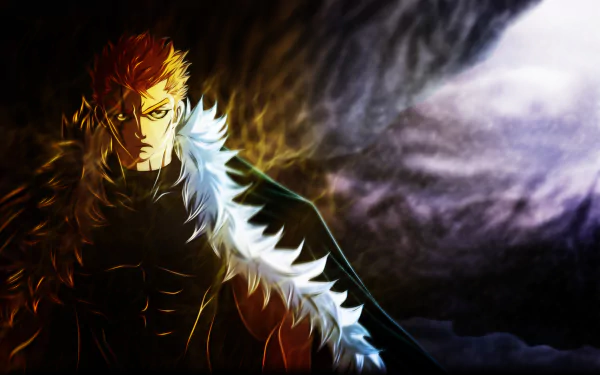 HD PC wallpaper of Laxus Dreyar from Fairy Tail: brooding anime portrait with electrified aura, fur-collared cloak, stormy purple-black sky background.
