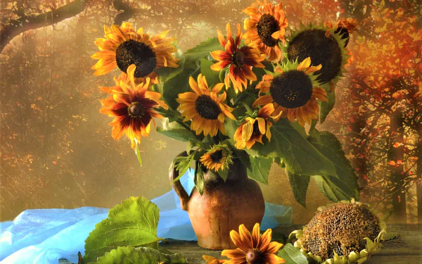 HD still life photography of vibrant yellow sunflowers in a pitcher vase, set against a warm fall backdrop, featured as a PC desktop wallpaper and background.