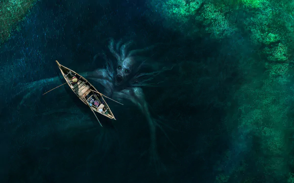 A dark, fantasy-themed HD wallpaper featuring a small boat on the water with a looming sea monster beneath the surface, captured in a dramatic and eerie atmosphere.