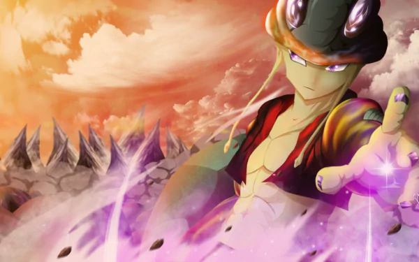 HD PC desktop wallpaper featuring Meruem from the anime Hunter × Hunter, showcasing him in a dynamic pose with glowing purple energy and a dramatic orange sky background.