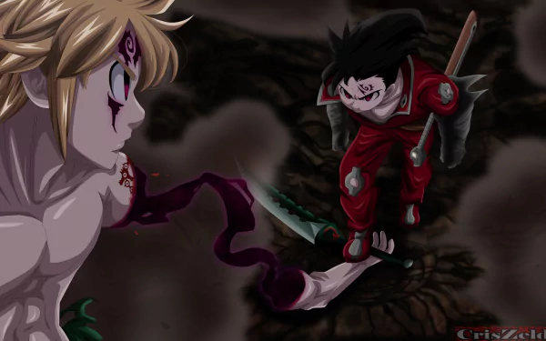 HD desktop wallpaper featuring Meliodas and Zeldris from The Seven Deadly Sins anime. Meliodas is on the left, facing Zeldris, who stands with a weapon in hand. The background is dark and intense.