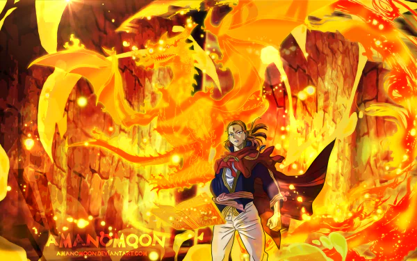 A captivating HD desktop wallpaper featuring Fuegoleon Vermillion from the anime Black Clover, surrounded by flames and a fierce dragon, holding a magical book with fire and magic elements in the backdrop.