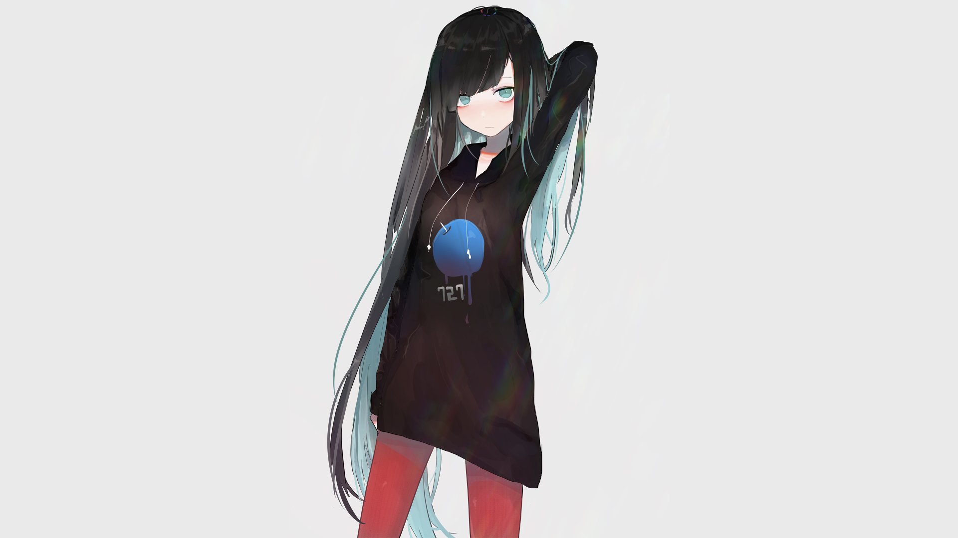 HD wallpaper featuring an anime girl with long black hair, wearing a black sweater with a blue circle and red pants, standing against a light grey background.
