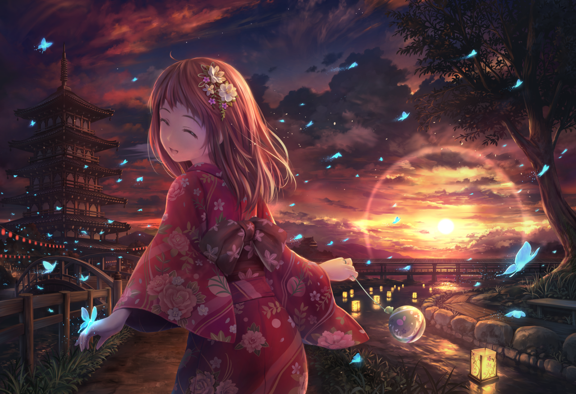 Anime girl with pink hair in a kimono, smiling amidst butterflies, flowers, and lanterns at sunset in a scenic traditional Japanese setting. HD wallpaper.