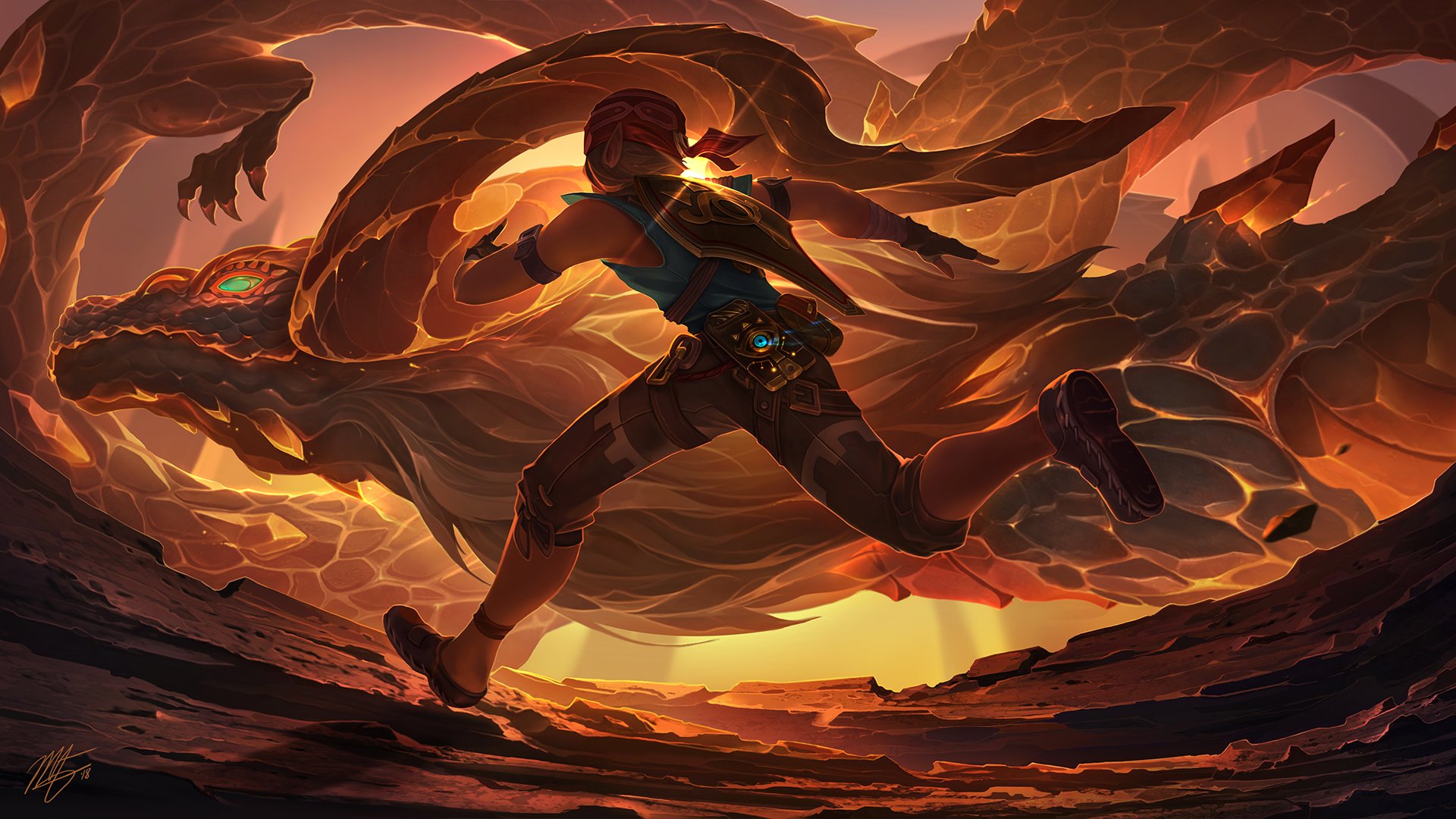 Link faces off against the dragon Dinraal in a dramatic, fiery scene from The Legend of Zelda: Breath of the Wild, captured in stunning HD desktop wallpaper quality.