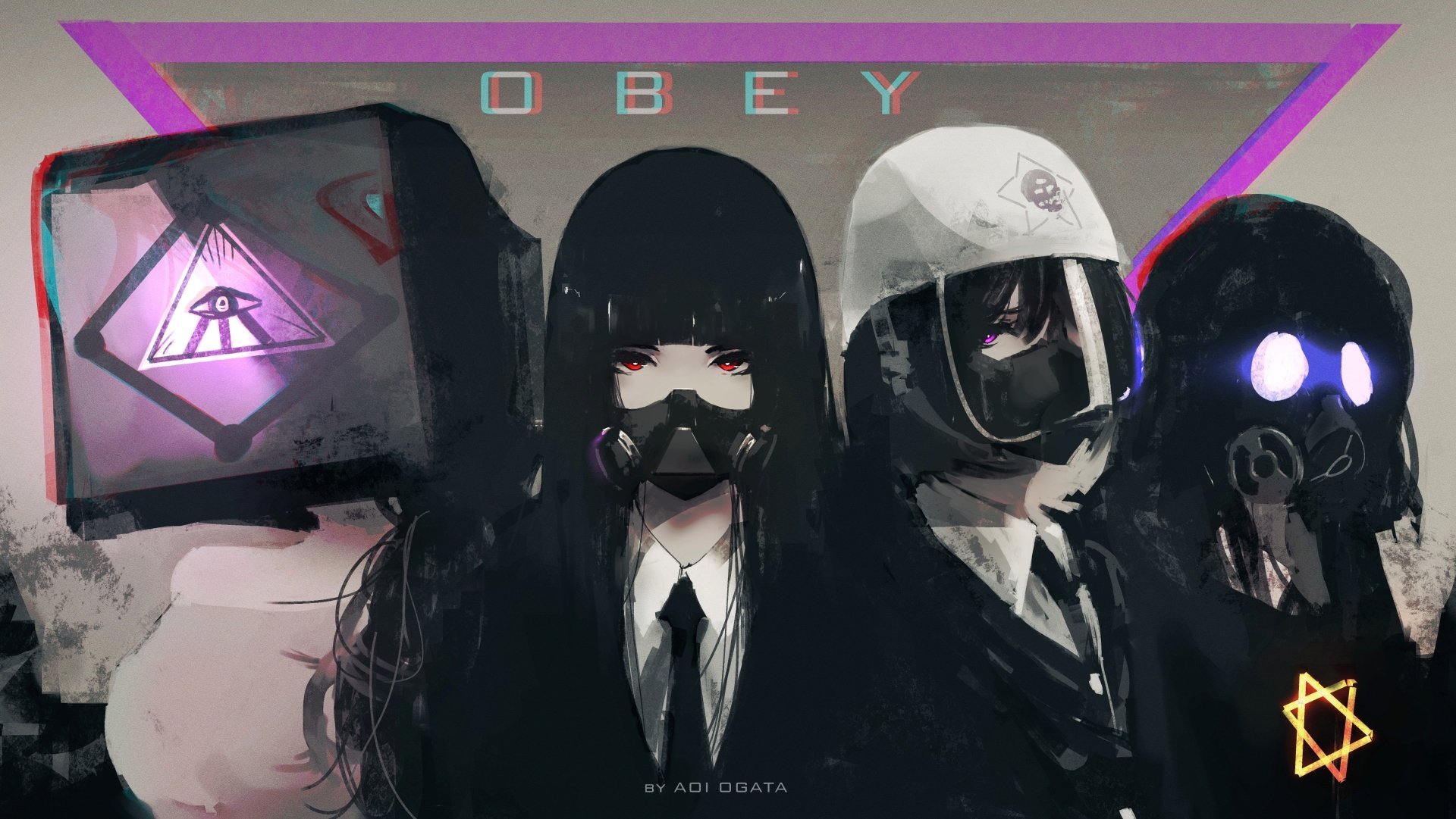 Anime-style 4K Ultra HD desktop wallpaper featuring four characters wearing gas masks against a dark, stylized background with a prominent OBEY text.