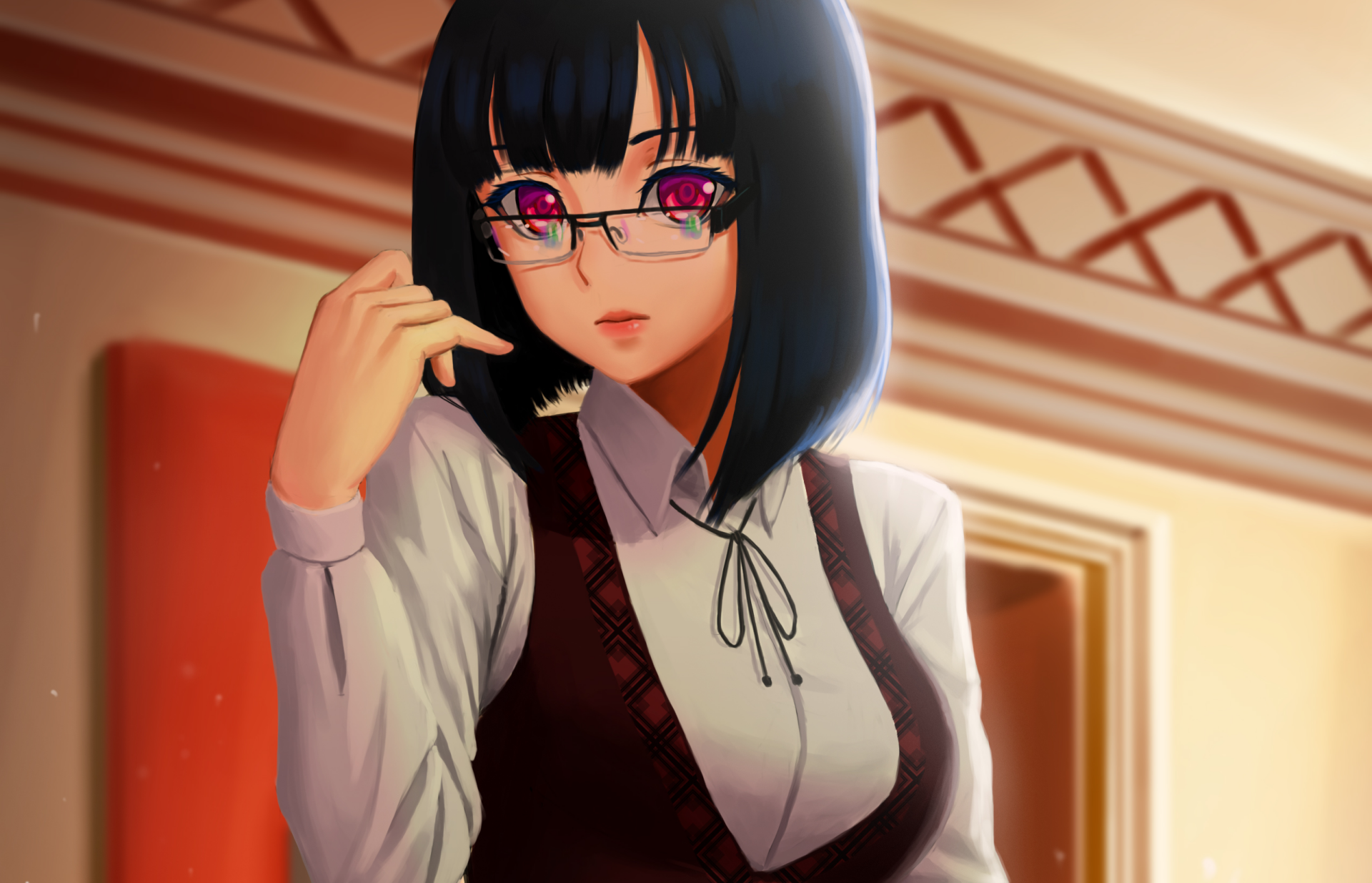 HD anime desktop wallpaper featuring an original character with black hair, red eyes, and glasses, dressed in a white blouse and dark vest in a warmly lit room.