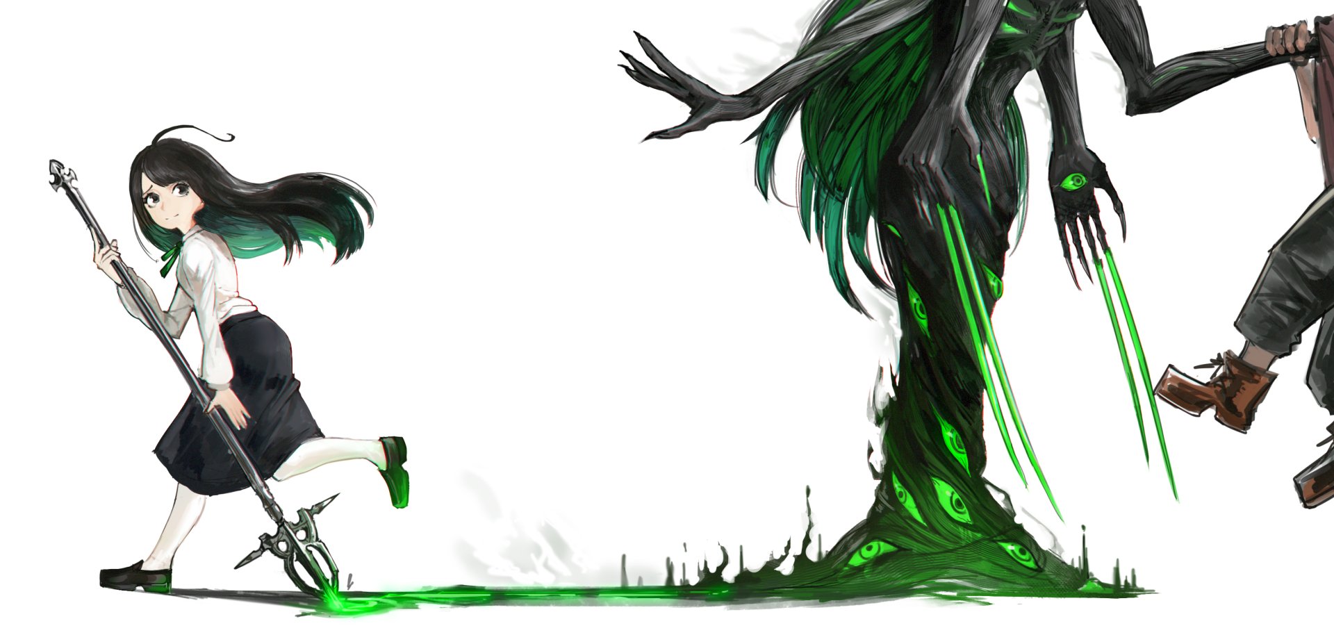 2K Quad HD PC desktop wallpaper: original anime fantasy scene — girl fleeing as a towering black-green creature with glowing anime eyes and dripping green energy.