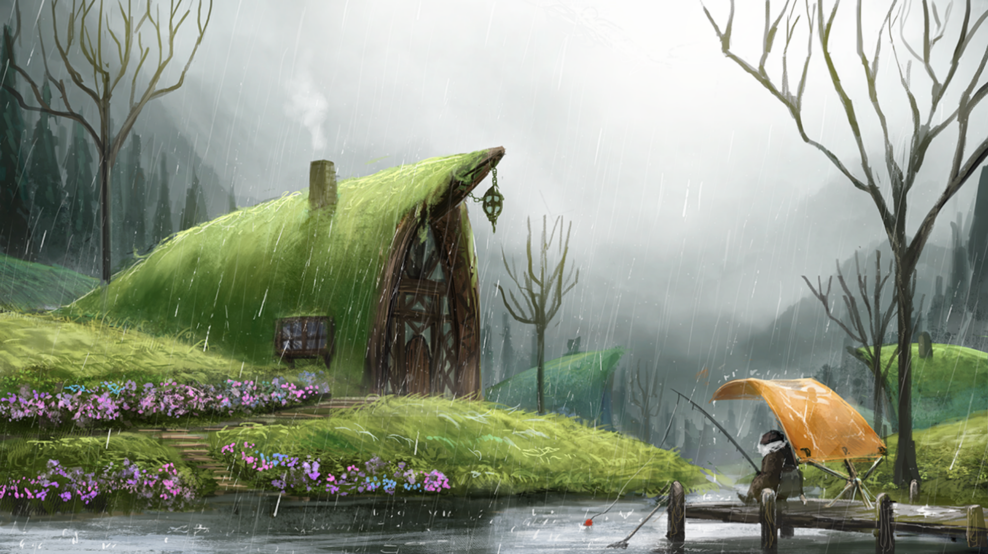 HD desktop wallpaper of a man fishing by a pond in the rain near a cozy, grassy-roof house, surrounded by vibrant flowers, and depicting a serene camping and fantasy landscape.