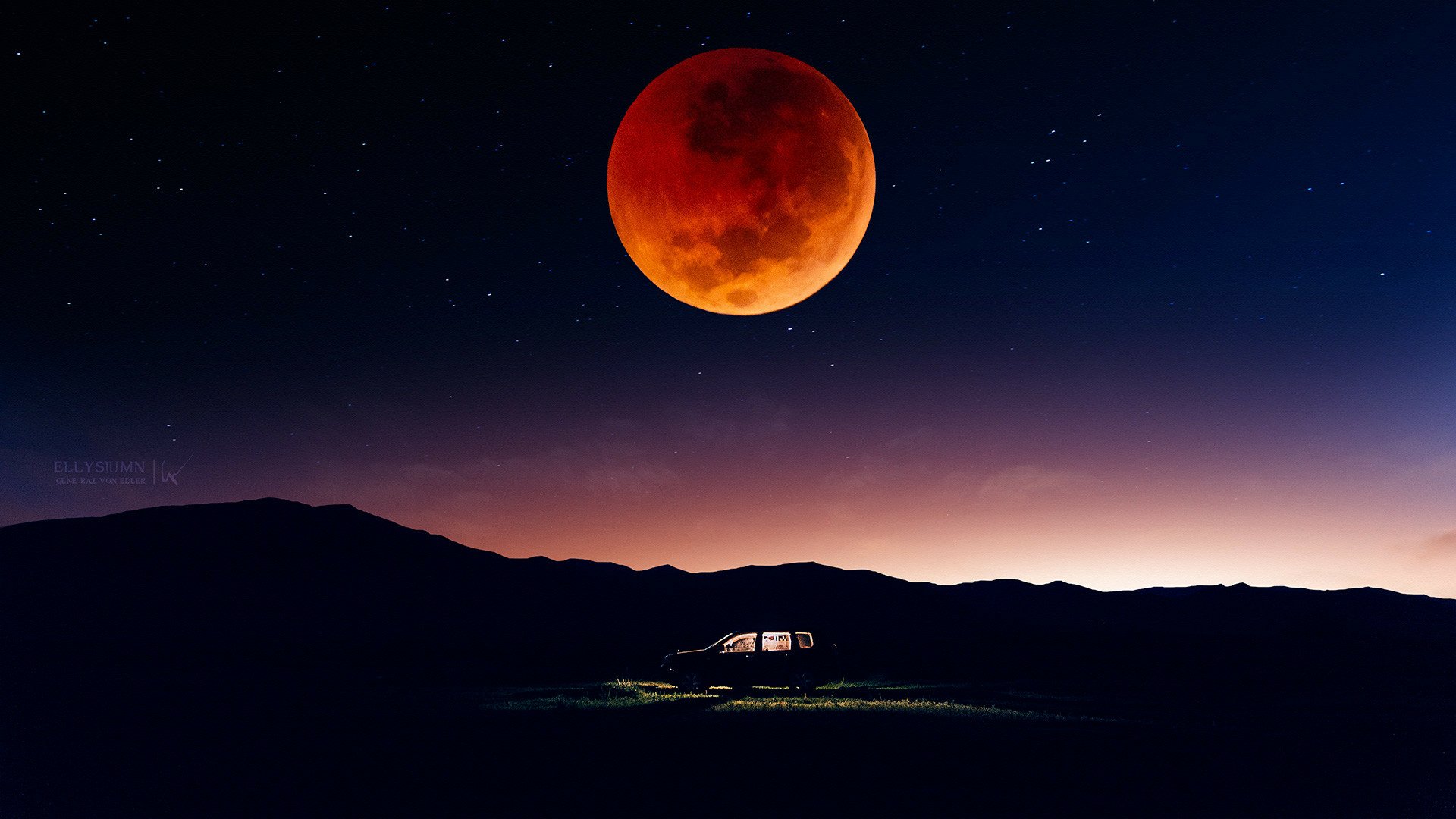 HD fantasy landscape wallpaper featuring a glowing red moon over silhouetted hills and a small illuminated tent under a starry night sky.