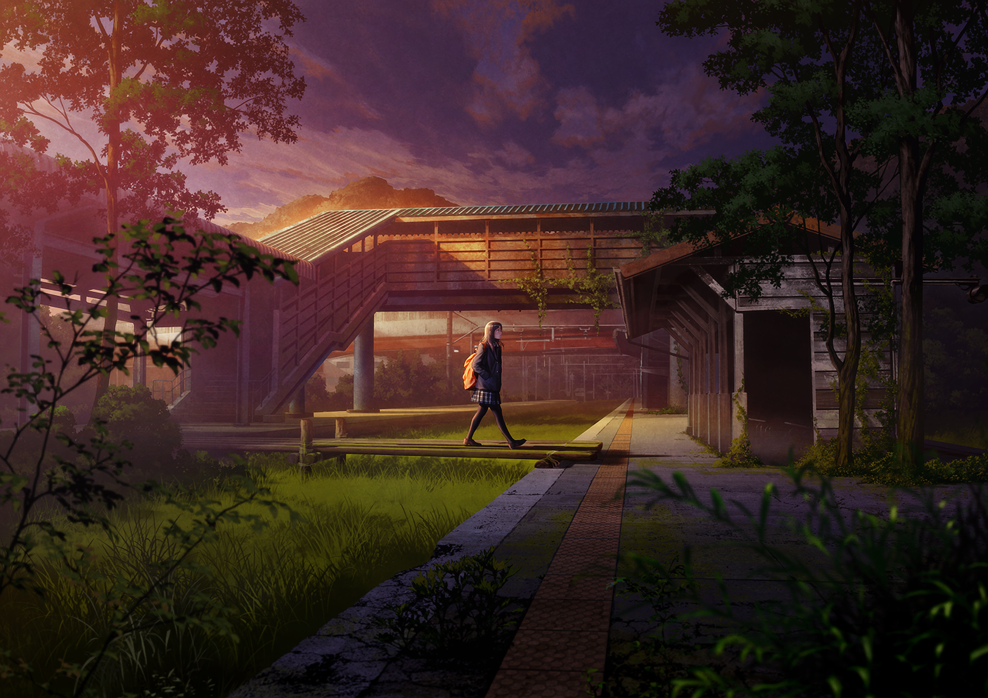 Anime sunset scene featuring a character in a uniform walking through a tranquil, wooden pathway surrounded by greenery. HD wallpaper and background, tagged with uniform, sunset, Anime, and Original.