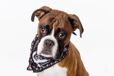 HD PC desktop wallpaper: boxer (dog), a brown-and-white dog (animal) wearing a patterned bandana against a white background.