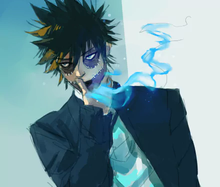 HD PC desktop wallpaper featuring Dabi from the anime My Hero Academia, showcasing his signature blue flames and dark, intense expression.