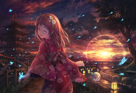 Anime girl with pink hair in a kimono, smiling amidst butterflies, flowers, and lanterns at sunset in a scenic traditional Japanese setting. HD wallpaper.