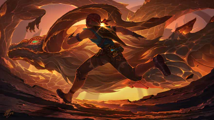 Link faces off against the dragon Dinraal in a dramatic, fiery scene from The Legend of Zelda: Breath of the Wild, captured in stunning HD desktop wallpaper quality.