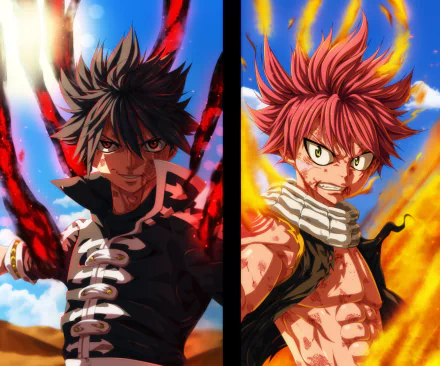 HD desktop wallpaper featuring Zeref Dragneel and Natsu Dragneel from the anime Fairy Tail, showcasing intense and dramatic scenes with fiery backgrounds.